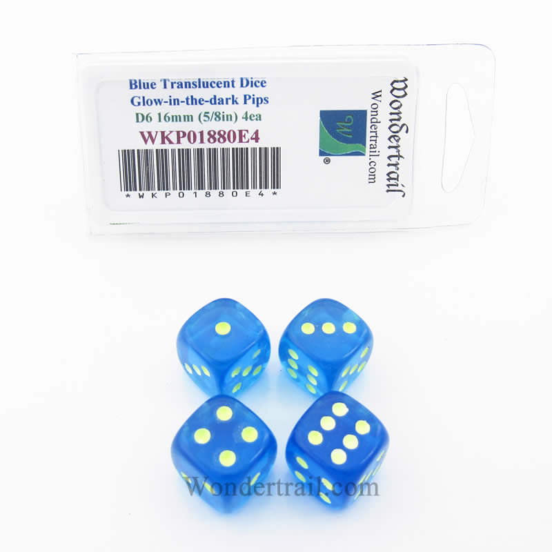 WKP01880E4 Blue Transparent Dice Glow in the Dark Pips D6 16mm Pack of 4 (ONLINE ORDER ONLY)