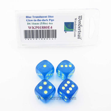 WKP01880E4 Blue Transparent Dice Glow in the Dark Pips D6 16mm Pack of 4 (ONLINE ORDER ONLY)