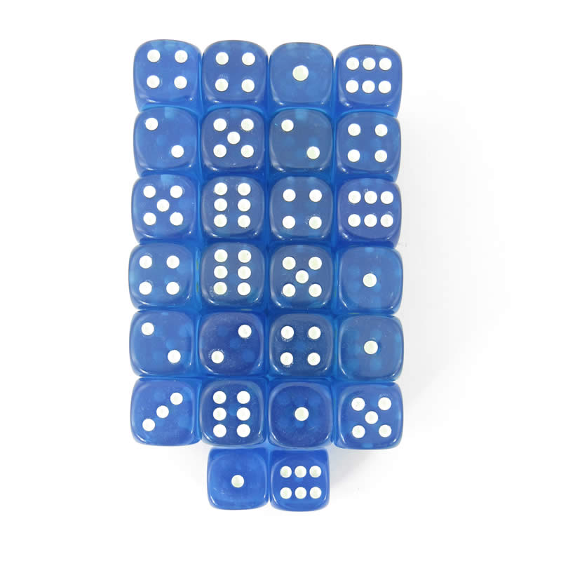 WKP01880E50 Blue Transparent Dice Glow in the Dark Pips D6 16mm Pack of 50 (ONLINE ORDER ONLY)