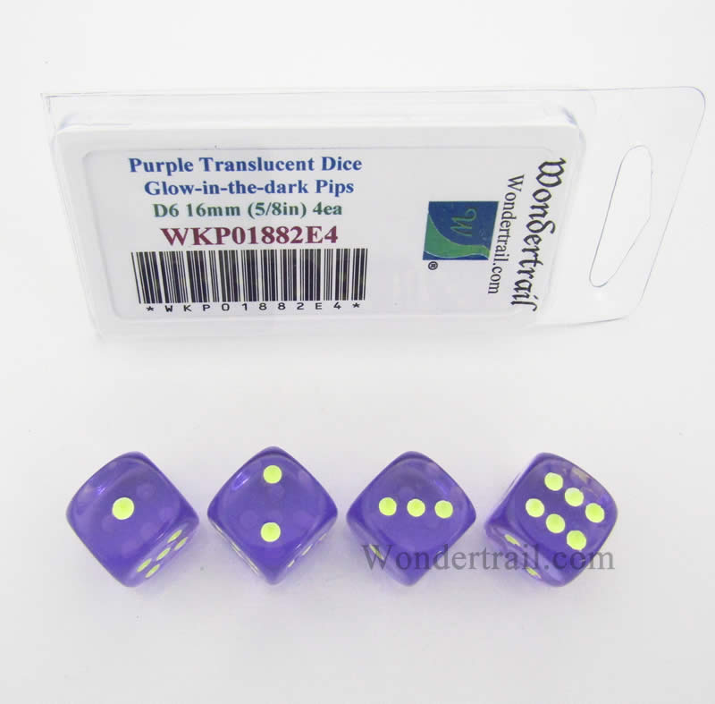 WKP01882E4 Purple Transparent Dice Glow in the Dark Pips D6 16mm Pack of 4 (ONLINE ORDER ONLY)