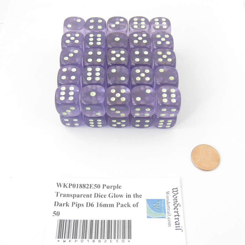 WKP01882E50 Purple Transparent Dice Glow in the Dark Pips D6 16mm Pack of 50 (ONLINE ORDER ONLY)