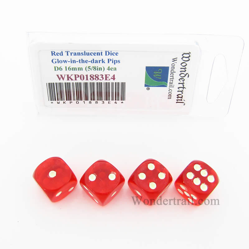 WKP01883E4 Red Transparent Dice Glow in the Dark Pips D6 16mm Pack of 4 (ONLINE ORDER ONLY)