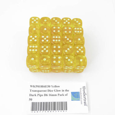 WKP01884E50 Yellow Transparent Dice Glow in the Dark Pips D6 16mm Pack of 50 (ONLINE ORDER ONLY)