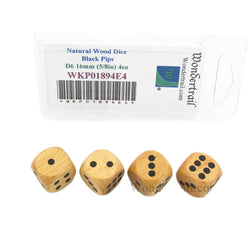 WKP01894E4 Natural Wood Dice with Black Pips D6 16mm (5/8in) Pack of 4 (ONLINE ORDER ONLY)