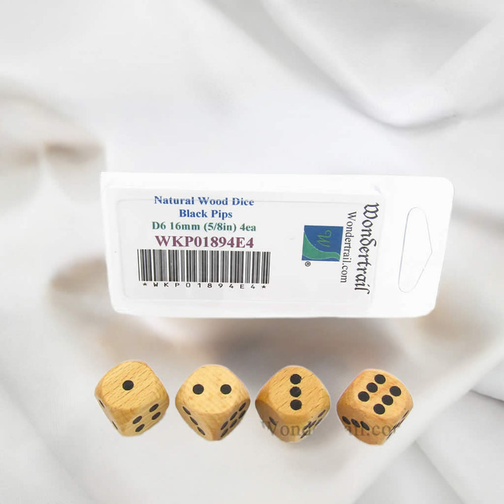 WKP01894E4 Natural Wood Dice with Black Pips D6 16mm (5/8in) Pack of 4 (ONLINE ORDER ONLY)