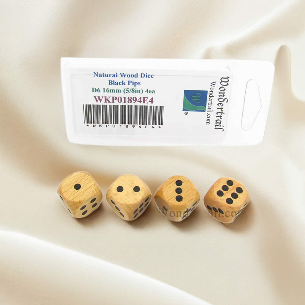 WKP01894E4 Natural Wood Dice with Black Pips D6 16mm (5/8in) Pack of 4 (ONLINE ORDER ONLY)