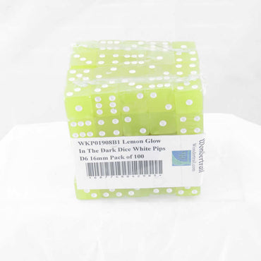 WKP01908B1 Lemon Glow In The Dark Dice White Pips D6 16mm Pack of 100 (ONLINE ORDER ONLY)