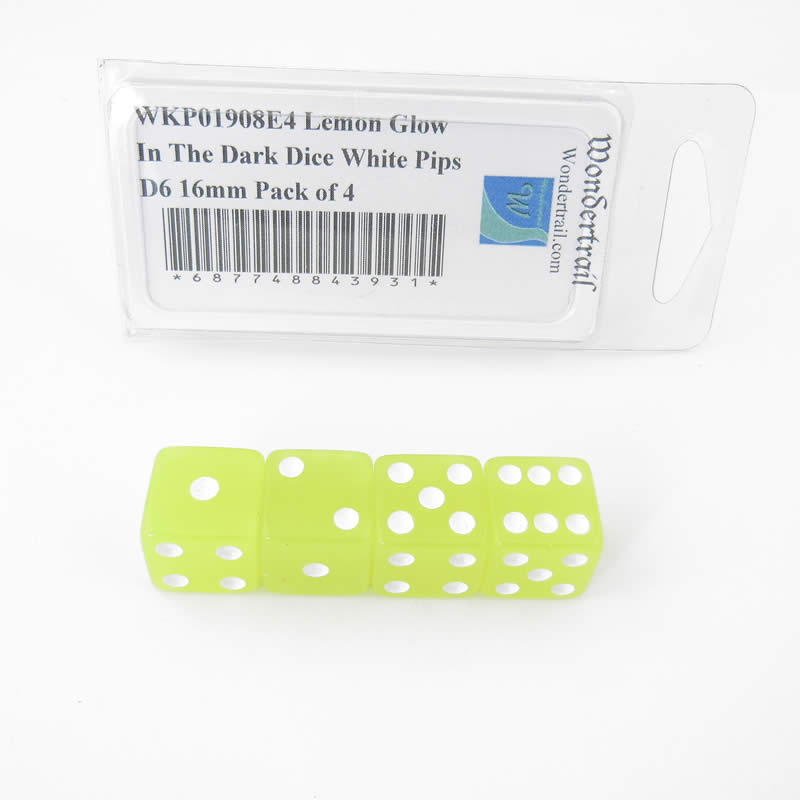 WKP01908E4 Lemon Glow In The Dark Dice White Pips D6 16mm Pack of 4 (ONLINE ORDER ONLY)
