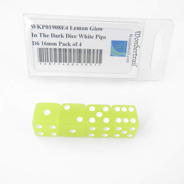 WKP01908E4 Lemon Glow In The Dark Dice White Pips D6 16mm Pack of 4 (ONLINE ORDER ONLY)