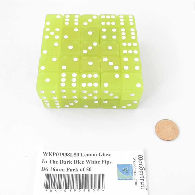 WKP01908E50 Lemon Glow In The Dark Dice White Pips D6 16mm Pack of 50 (ONLINE ORDER ONLY)