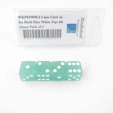 WKP01909E4 Lime Glow in the Dark Dice White Pips D6 16mm Pack of 4 (ONLINE ORDER ONLY)