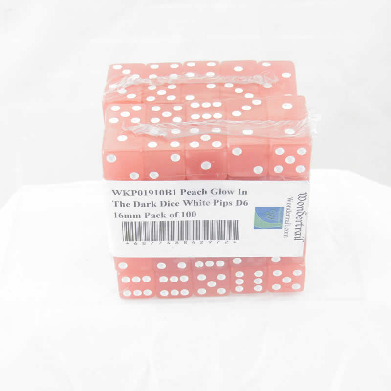 WKP01910B1 Peach Glow In The Dark Dice White Pips D6 16mm Pack of 100 (ONLINE ORDER ONLY)