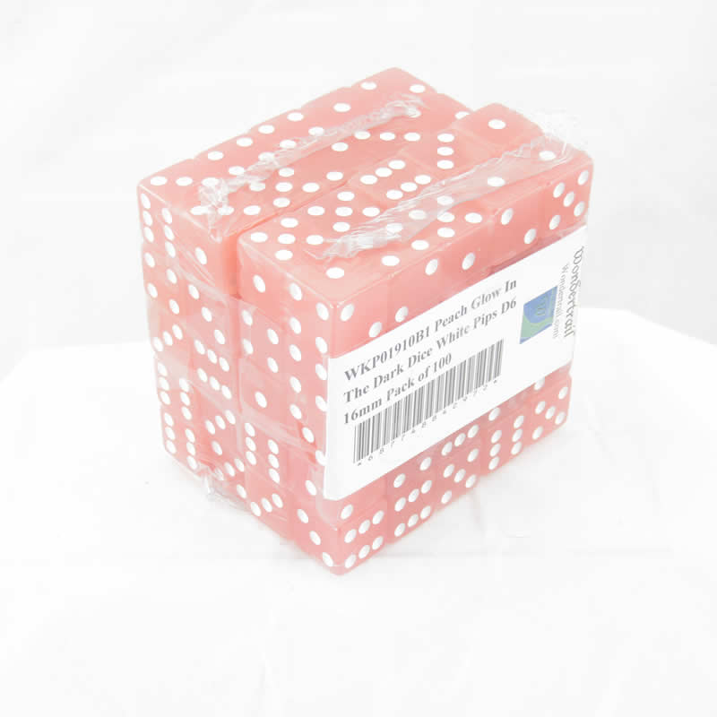 WKP01910B1 Peach Glow In The Dark Dice White Pips D6 16mm Pack of 100 (ONLINE ORDER ONLY)
