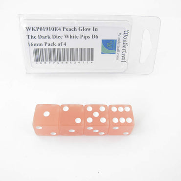 WKP01910E4 Peach Glow In The Dark Dice White Pips D6 16mm Pack of 4 (ONLINE ORDER ONLY)