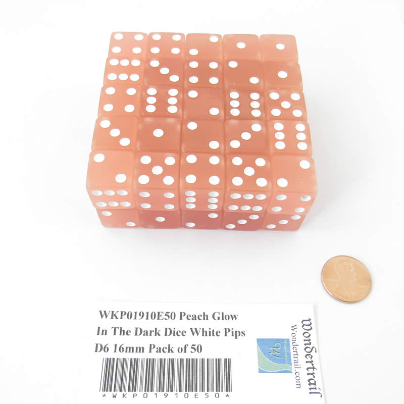 WKP01910E50 Peach Glow In The Dark Dice White Pips D6 16mm Pack of 50 (ONLINE ORDER ONLY)