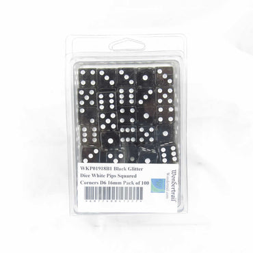 WKP01918B1 Black Glitter Dice White Pips Squared Corners D6 16mm Pack of 100 (ONLINE ORDER ONLY)