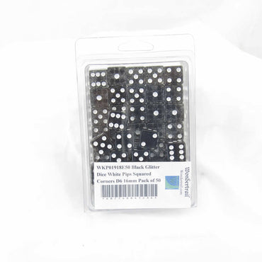 WKP01918E50 Black Glitter Dice White Pips Squared Corners D6 16mm Pack of 50 (ONLINE ORDER ONLY)