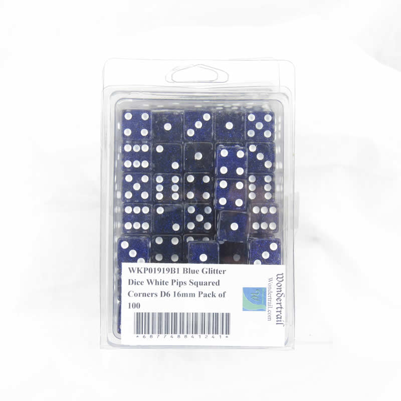 WKP01919B1 Blue Glitter Dice White Pips Squared Corners D6 16mm Pack of 100 (ONLINE ORDER ONLY)