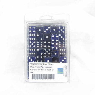 WKP01919B1 Blue Glitter Dice White Pips Squared Corners D6 16mm Pack of 100 (ONLINE ORDER ONLY)
