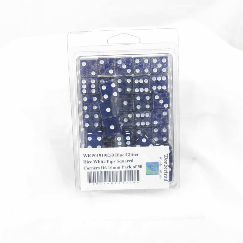 WKP01919E50 Blue Glitter Dice White Pips Squared Corners D6 16mm Pack of 50 (ONLINE ORDER ONLY)