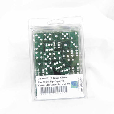 WKP01921B1 Green Glitter Dice White Pips Squared Corners D6 16mm Pack of 100 (ONLINE ORDER ONLY)