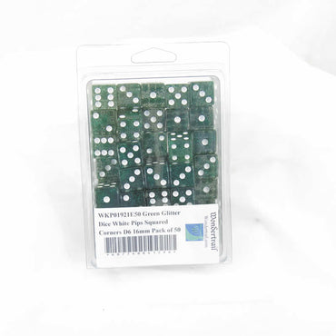 WKP01921E50 Green Glitter Dice White Pips Squared Corners D6 16mm Pack of 50 (ONLINE ORDER ONLY)