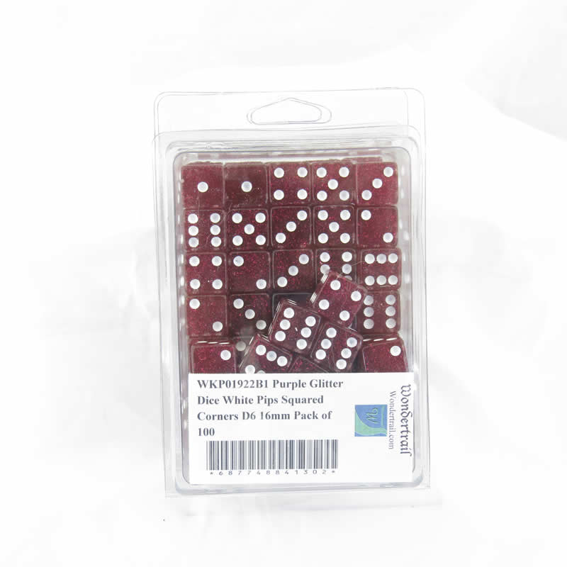 WKP01922B1 Purple Glitter Dice White Pips Squared Corners D6 16mm Pack of 100 (ONLINE ORDER ONLY)