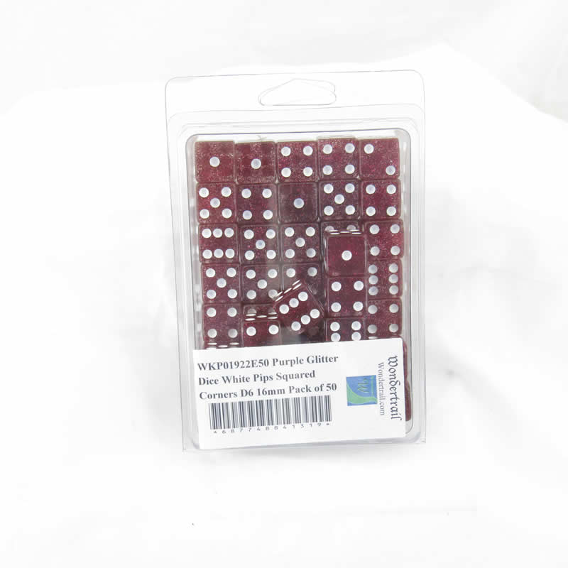 WKP01922E50 Purple Glitter Dice White Pips Squared Corners D6 16mm Pack of 50 (ONLINE ORDER ONLY)