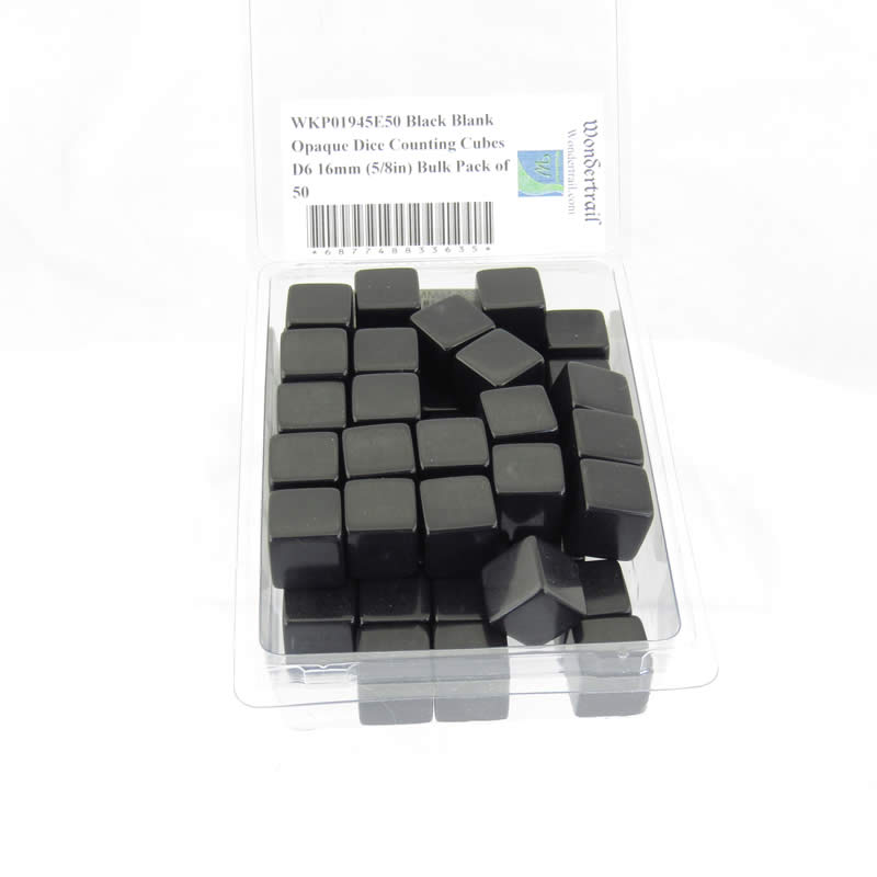 WKP01945E50 Black Blank Opaque Dice Counting Cubes D6 16mm (5/8in) Bulk Pack of 50 (ONLINE ORDER ONLY)