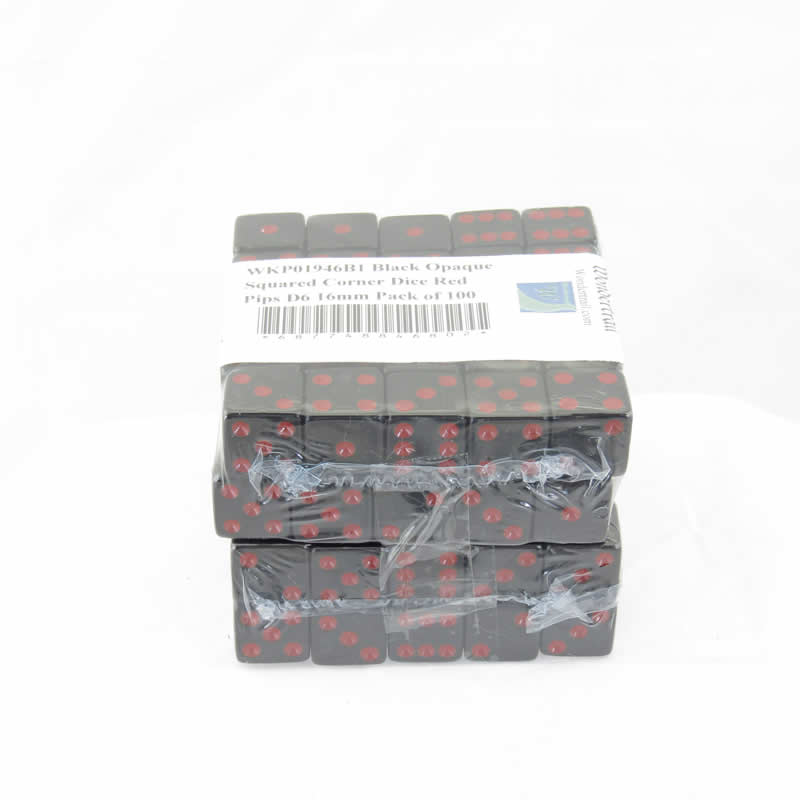 WKP01946B1 Black Opaque Squared Corner Dice Red Pips D6 16mm Pack of 100 (ONLINE ORDER ONLY)