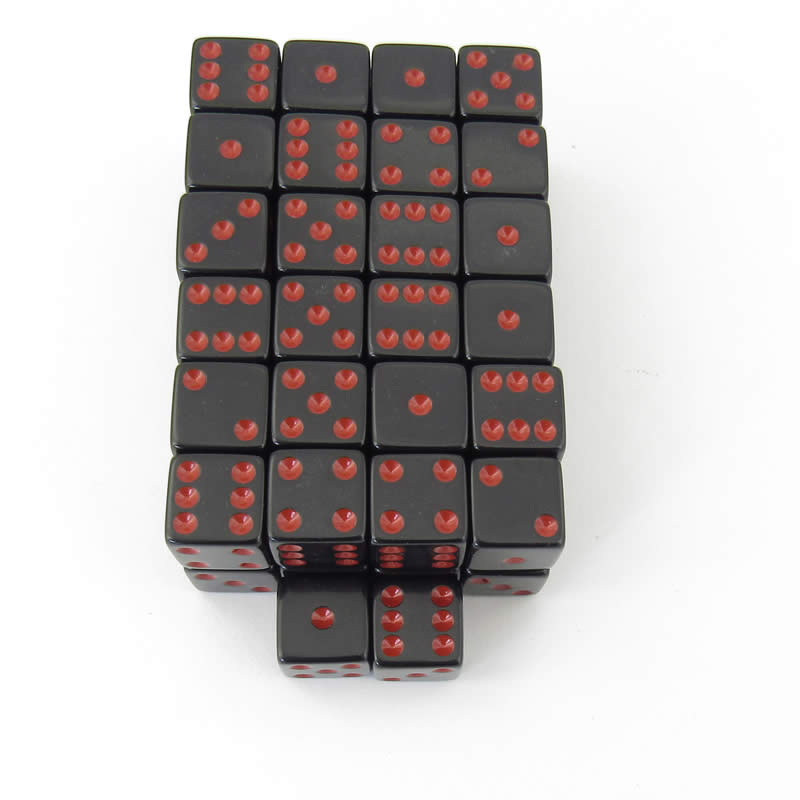 WKP01946E50 Black Opaque Squared Corner Dice Red Pips D6 16mm Pack of 50 (ONLINE ORDER ONLY)