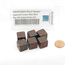 WKP01946E6 Black Opaque Squared Corner Dice Red Pips D6 16mm Pack of 6 (ONLINE ORDER ONLY)