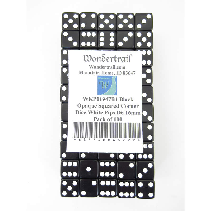 WKP01947B1 Black Opaque Squared Corner Dice White Pips D6 16mm Pack of 100 (ONLINE ORDER ONLY)
