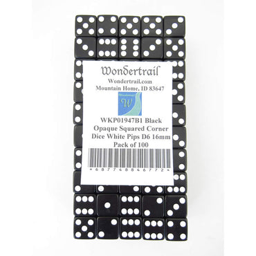 WKP01947B1 Black Opaque Squared Corner Dice White Pips D6 16mm Pack of 100 (ONLINE ORDER ONLY)