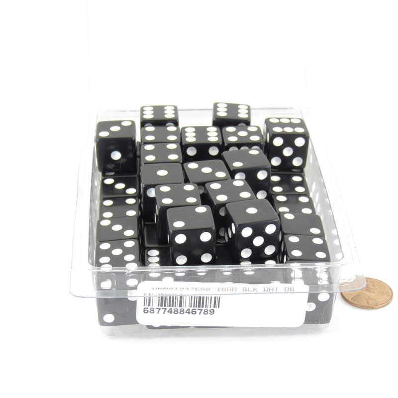 WKP01947E50 Black Opaque Squared Corner Dice White Pips D6 16mm Pack of 50 (ONLINE ORDER ONLY)
