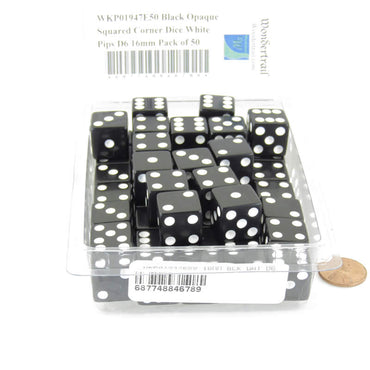 WKP01947E50 Black Opaque Squared Corner Dice White Pips D6 16mm Pack of 50 (ONLINE ORDER ONLY)