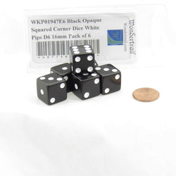 WKP01947E6 Black Opaque Squared Corner Dice White Pips D6 16mm Pack of 6 (ONLINE ORDER ONLY)