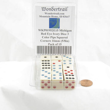 WKP01952E15 Michigan Red Eye Ivory Dice 3 Color Pips Squared Corners 16mm (5/8in) Pack of 15 (ONLINE ORDER ONLY)