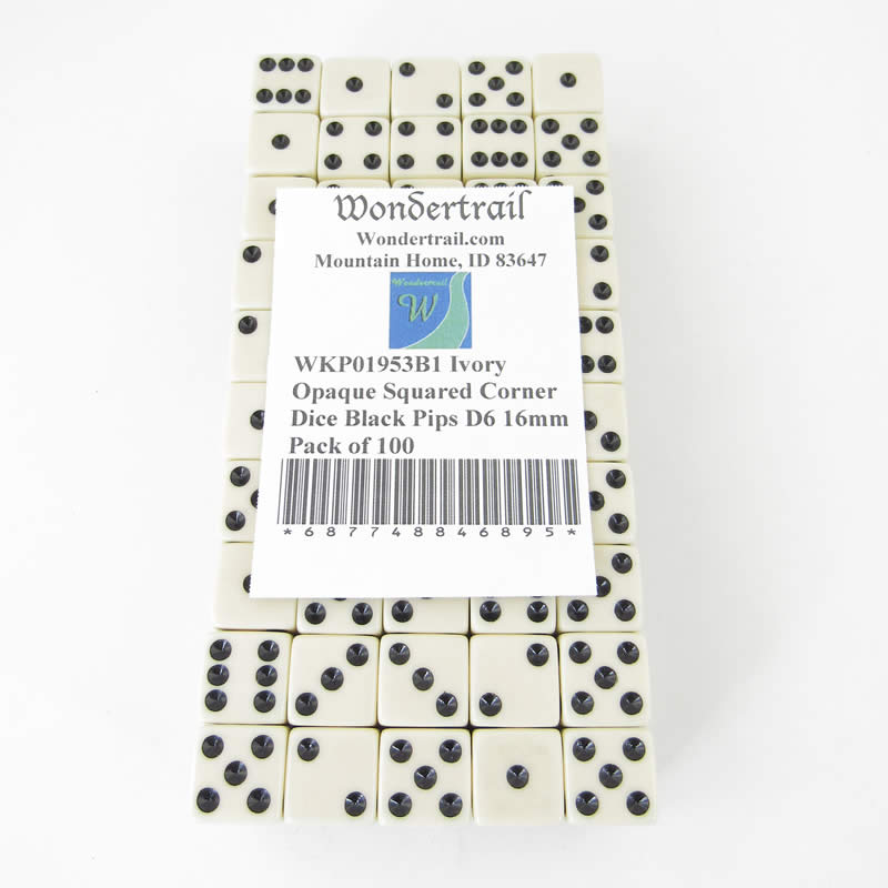 WKP01953B1 Ivory Opaque Squared Corner Dice Black Pips D6 16mm Pack of 100 (ONLINE ORDER ONLY)