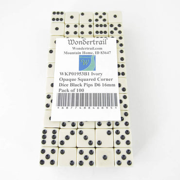 WKP01953B1 Ivory Opaque Squared Corner Dice Black Pips D6 16mm Pack of 100 (ONLINE ORDER ONLY)