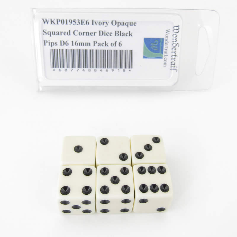 WKP01953E6 Ivory Opaque Squared Corner Dice Black Pips D6 16mm Pack of 6 (ONLINE ORDER ONLY)