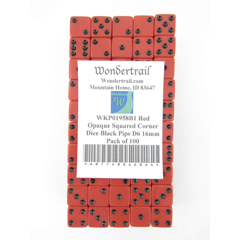 WKP01958B1 Red Opaque Squared Corner Dice Black Pips D6 16mm Pack of 100 (ONLINE ORDER ONLY)