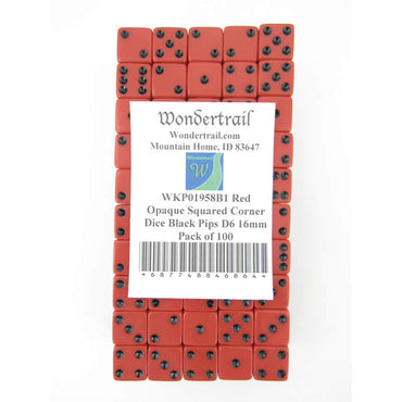 WKP01958B1 Red Opaque Squared Corner Dice Black Pips D6 16mm Pack of 100 (ONLINE ORDER ONLY)