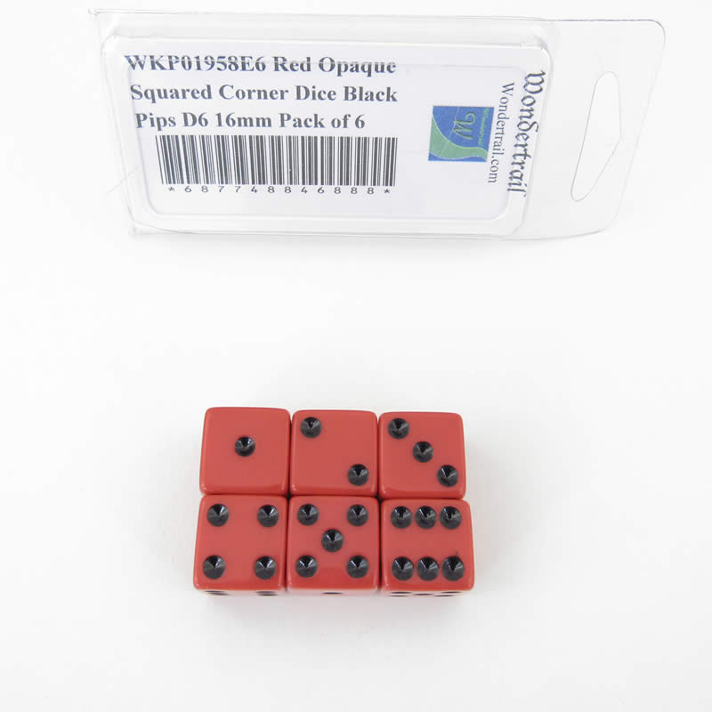 WKP01958E6 Red Opaque Squared Corner Dice Black Pips D6 16mm Pack of 6 (ONLINE ORDER ONLY)