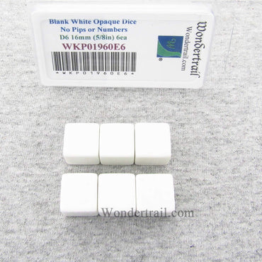 WKP01960E6 White Blank Dice Cubes D6 16mm (5/8in) Set of 6 Wondertrail (ONLINE ORDER ONLY)