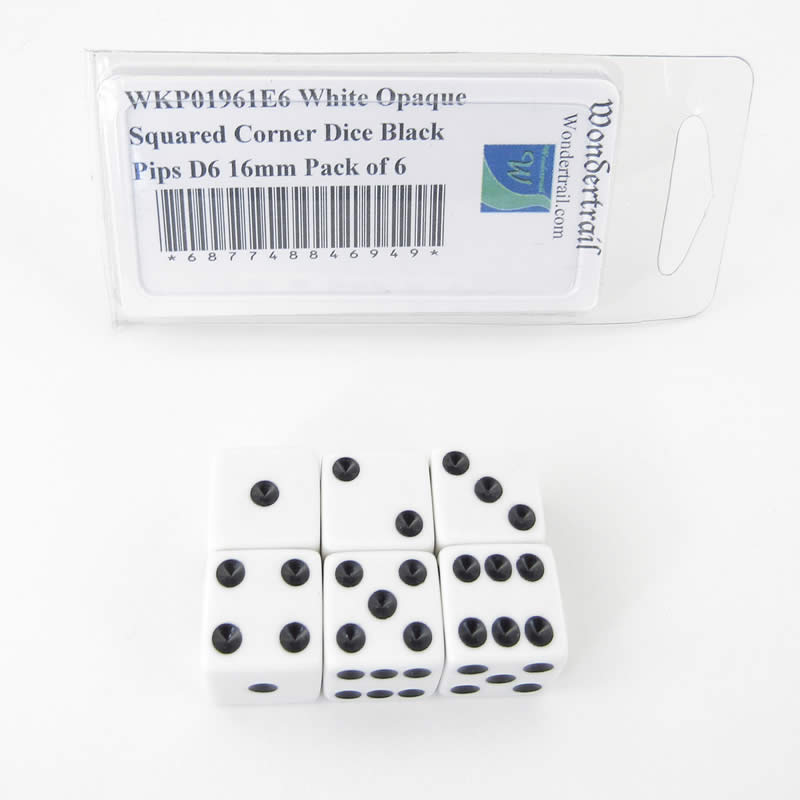 WKP01961E6 White Opaque Squared Corner Dice Black Pips D6 16mm Pack of 6 (ONLINE ORDER ONLY)
