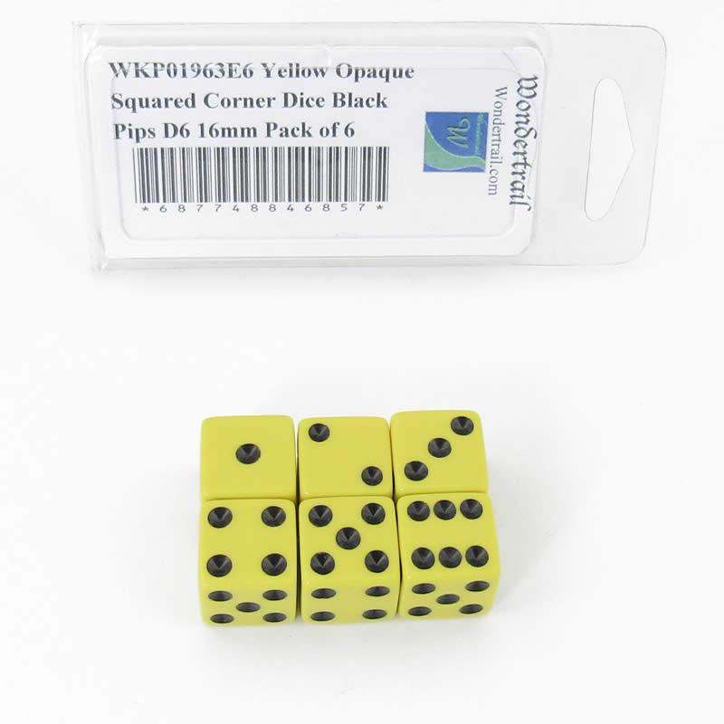 WKP01963E6 Yellow Opaque Squared Corner Dice Black Pips D6 16mm Pack of 6 (ONLINE ORDER ONLY)