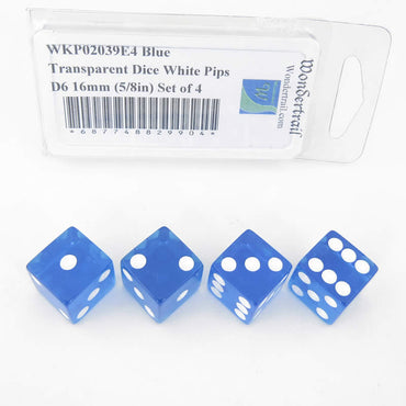 WKP02039E4 Blue Transparent Dice White Pips D6 16mm (5/8in) Set of 4 (ONLINE ORDER ONLY)