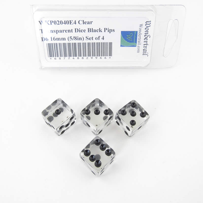 WKP02040E4 Clear Transparent Dice Black Pips D6 16mm (5/8in) Set of 4 (ONLINE ORDER ONLY)