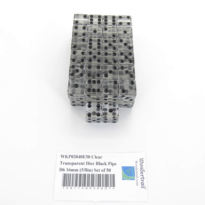 WKP02040E50 Clear Transparent Dice Black Pips D6 16mm (5/8in) Set of 50 (ONLINE ORDER ONLY)